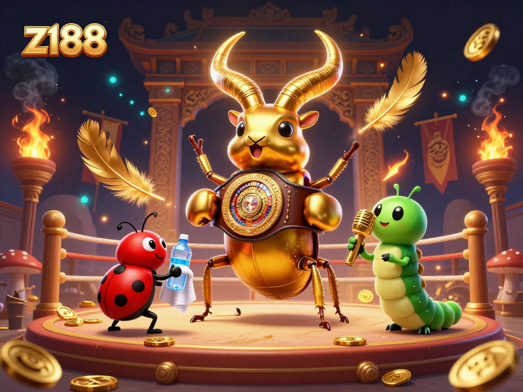 Engage in action with z188's vibrant casino scene featuring a battling beetle in a boxing ring.