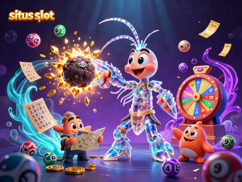 Experience the excitement of situs slot with a galactic samurai mantis shrimp amid exploding gems and coins.