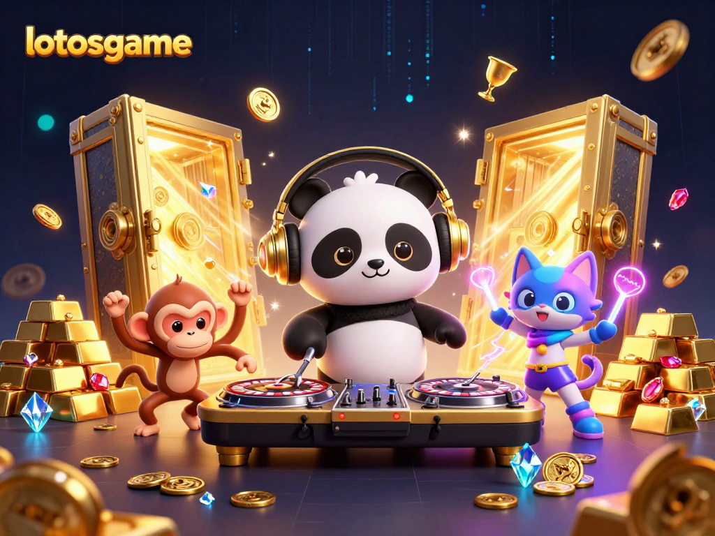 Experience fun and excitement with lotosgame as a DJ panda spins, surrounded by treasures and lively characters.