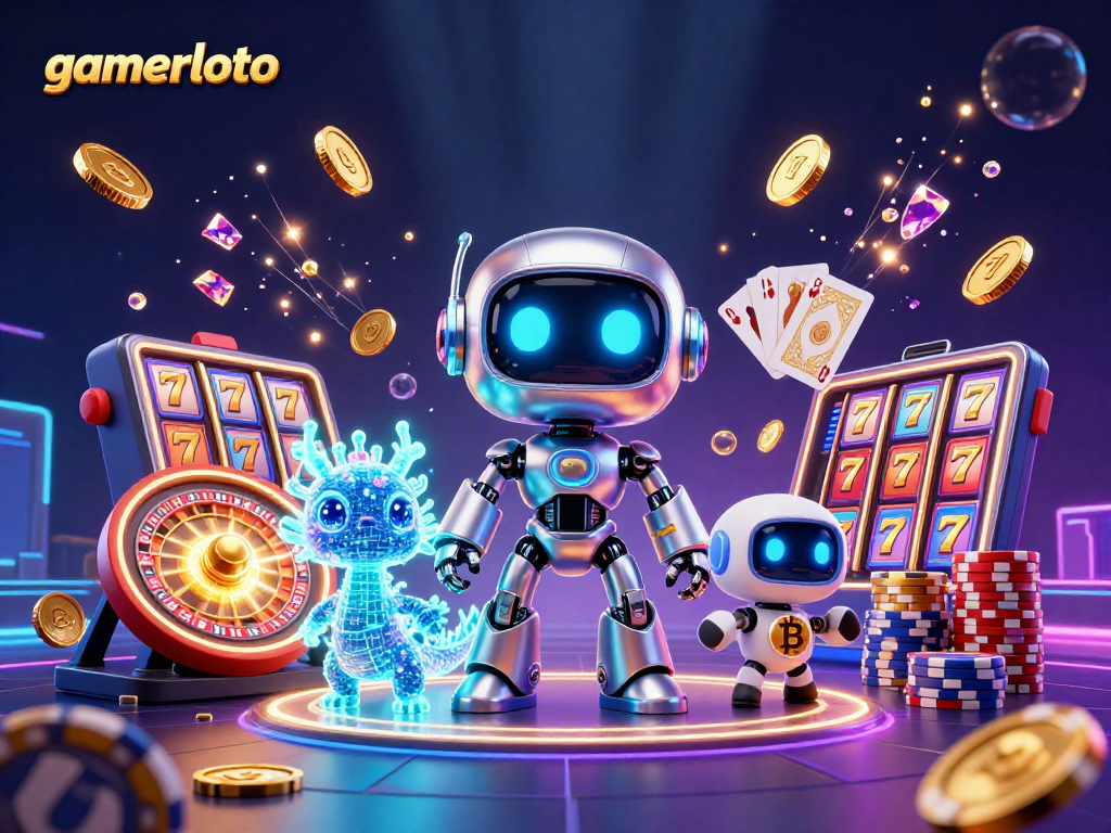 Win big with gamerloto's thrilling slots experience featuring a futuristic 3D illustration.