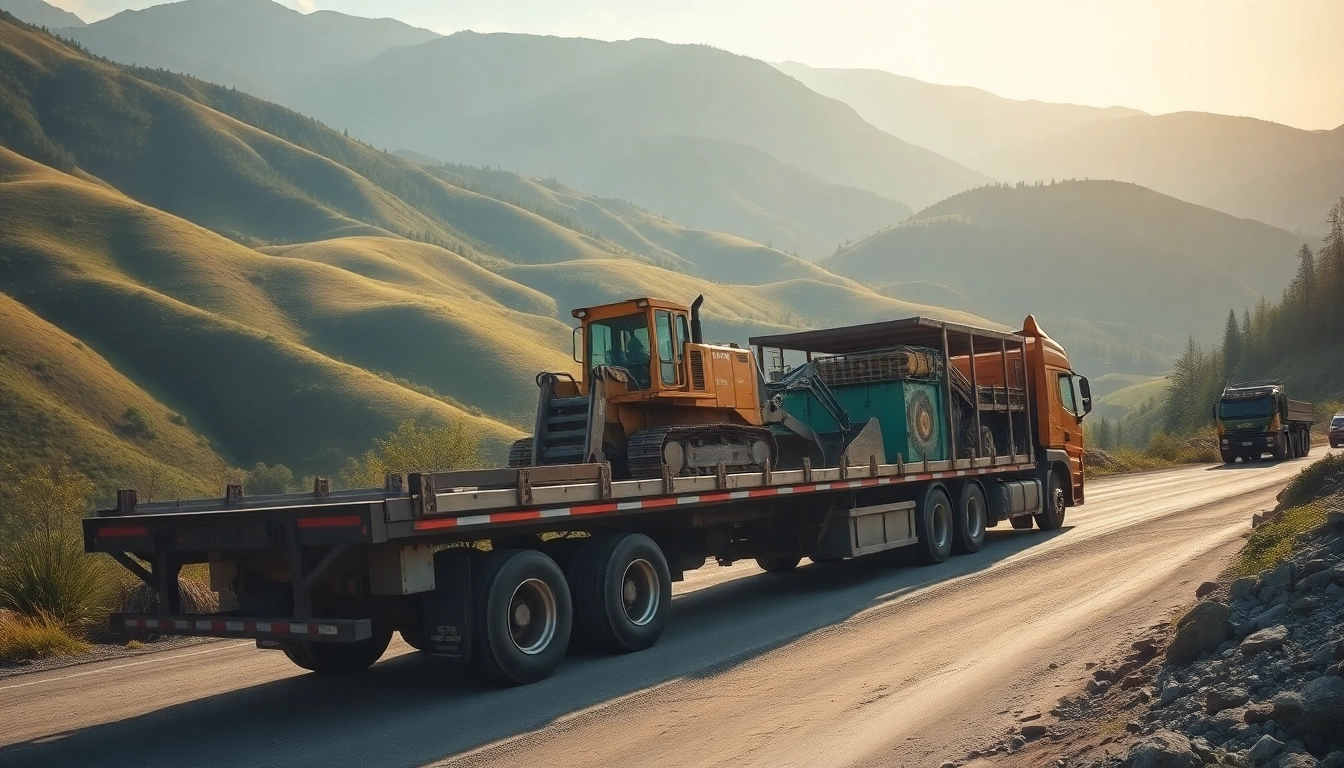 Transporting heavy machinery on a flatbed truck, showcasing efficient equipment transport.