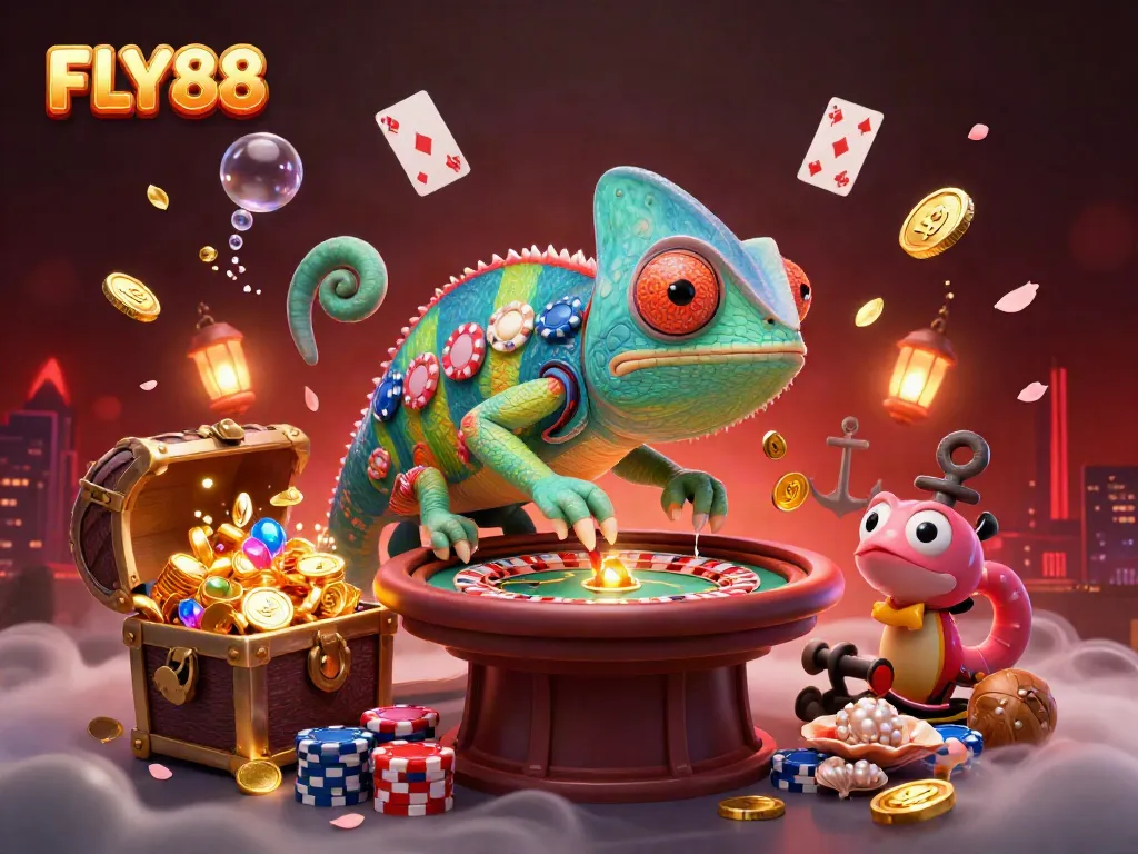 FLY88 showcases an energetic chameleon casino owner surrounded by vibrant casino elements and treasures.