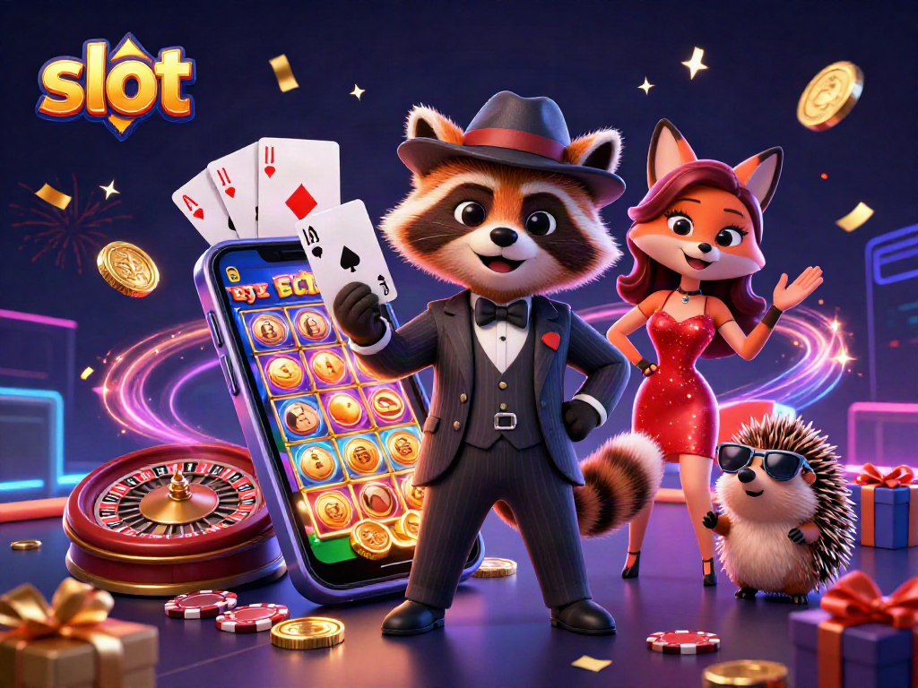 Experience the thrill of slot gaming with a suave raccoon, a dazzling fox, and a hedgehog bouncer in a vibrant 3D casino scene.