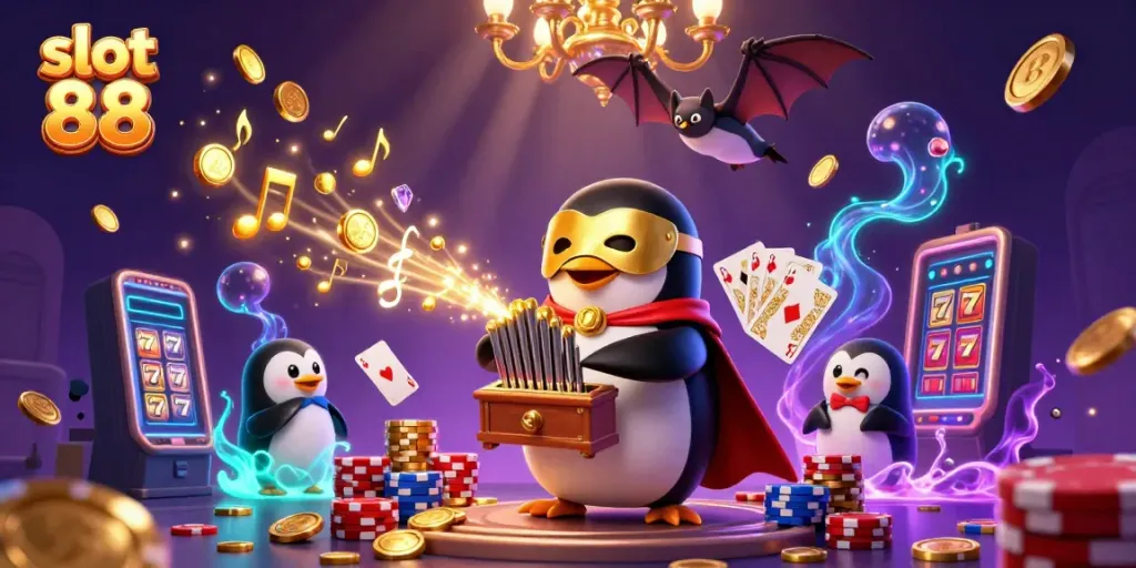 Experience excitement with slot 88 as colorful coins cascade in this animated casino scene.