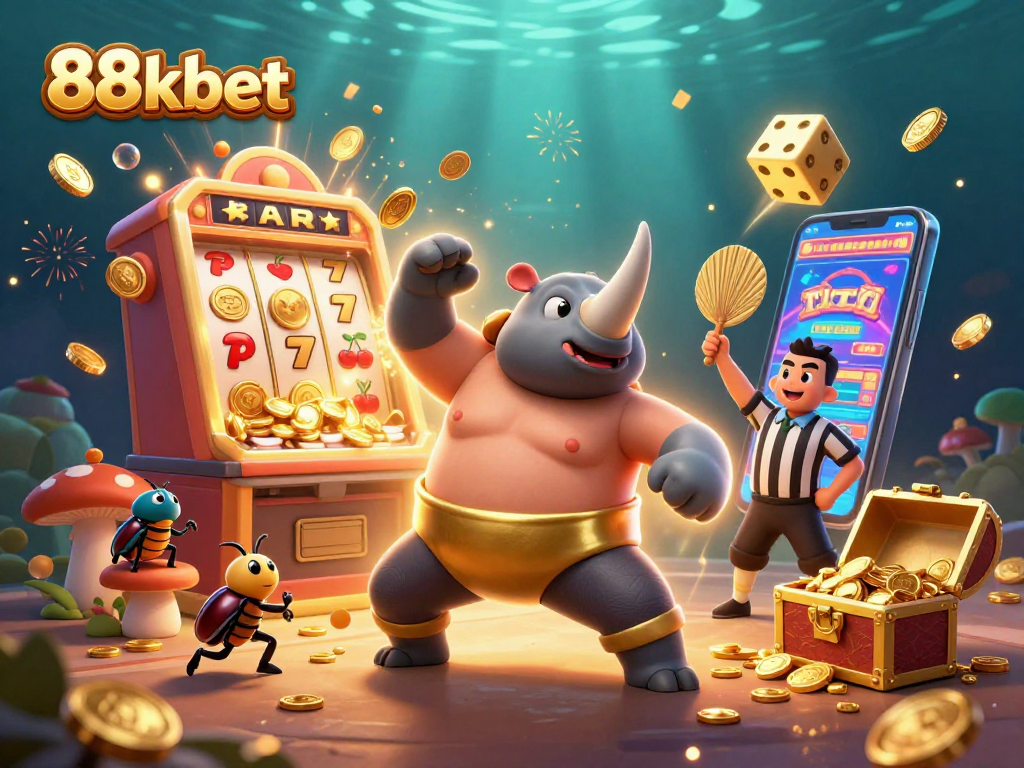 88kbet players engaging with dynamic 3D casino action featuring carnival-style characters, slot machines, and jackpot excitement