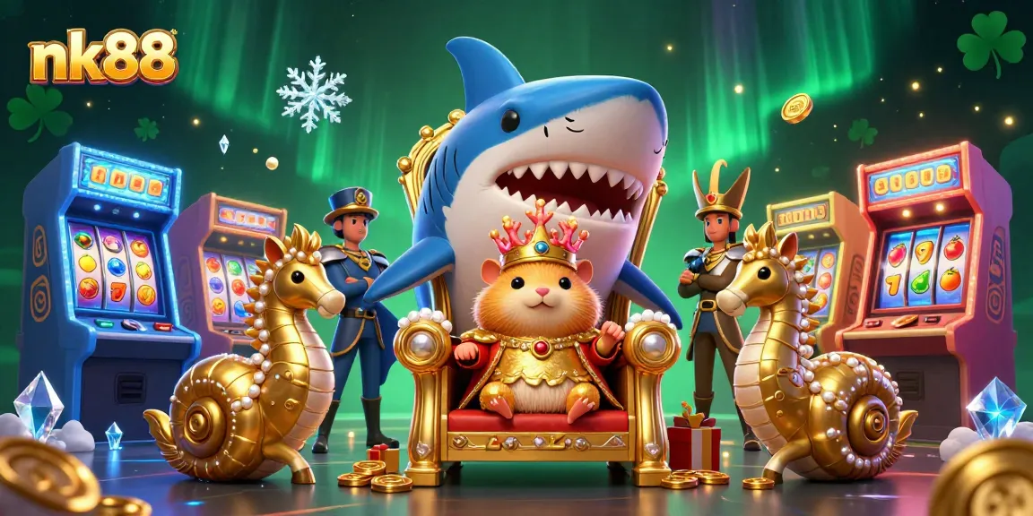 Engage with nk88 at a vibrant casino-themed illustration featuring a golden hamster king.