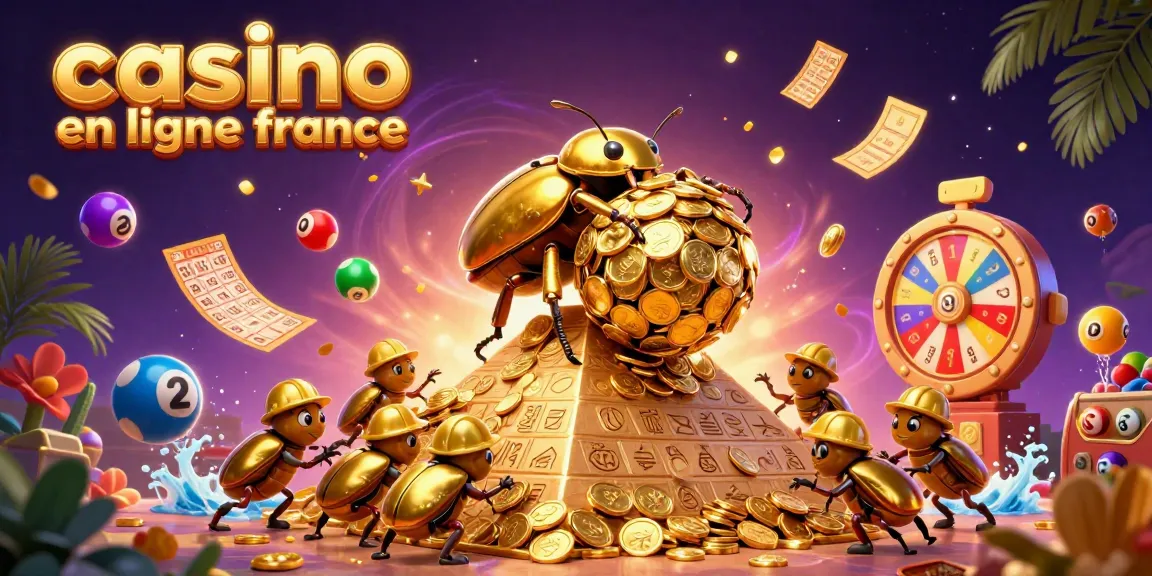 Une illustration cartoon 3D animée de casino en ligne France où un scarabée doré pousse une boule de pièces d'or, entouré de symboles de jeu.
