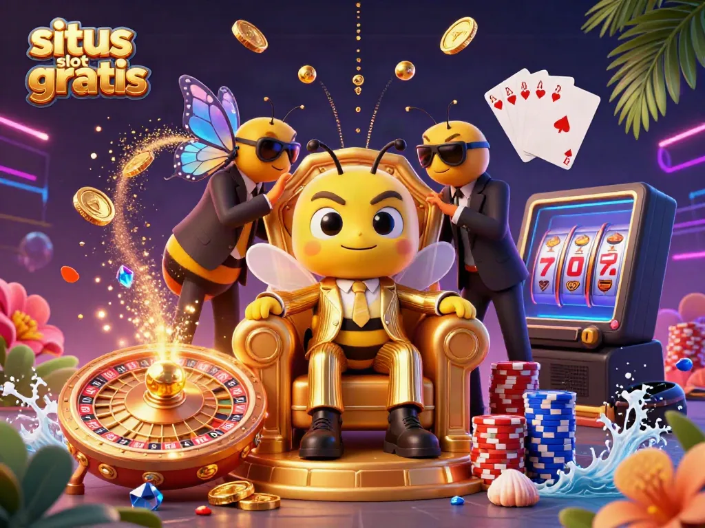 Experience the excitement of situs slot gratis with a buzzing bumblebee mob boss and casino elements in an illustrated scene.