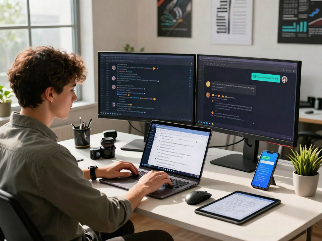 Young professional working on GB WhatsApp APK in a modern tech workspace, showcasing innovation and engagement.