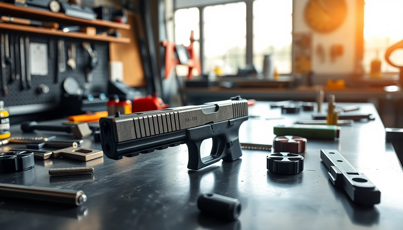 View a Glock 19 slide on a workshop table, showcasing its sleek design and precision.