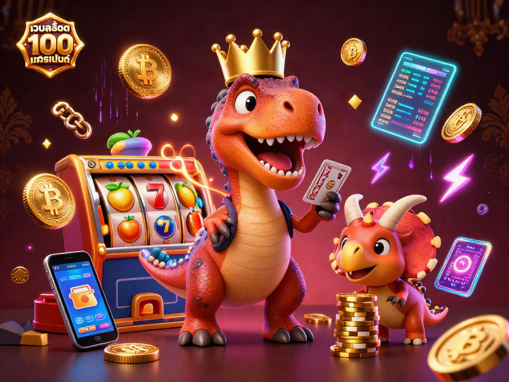 Engage with เว็บสล็อต แท้ 100 เปอร์เซ็นต์ amidst an energetic 3D scene of casino fun featuring slot reels and quirky dinosaur characters.