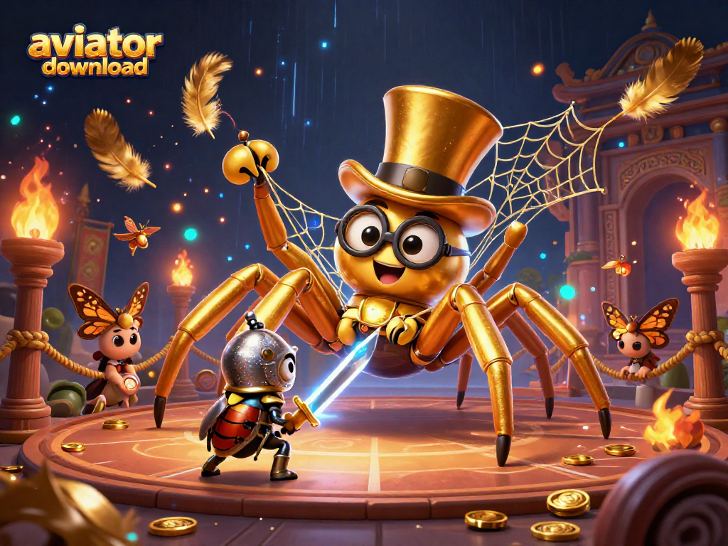 Aviator download in a thrilling casino scene with a golden tarantula and beetle knight engaged in epic action.