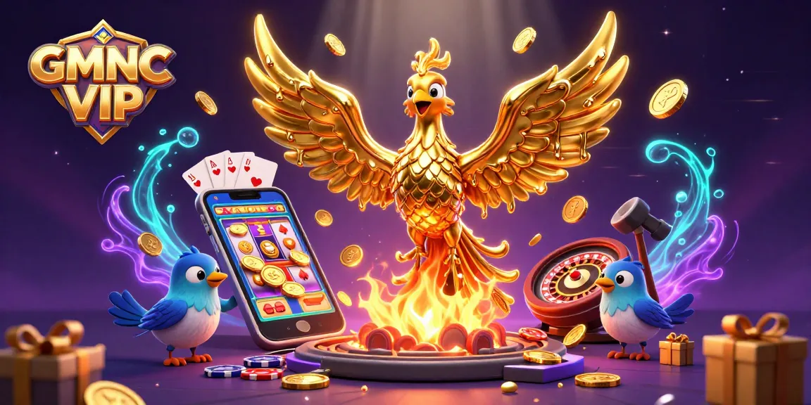 Celebrate wins with GMNC VIP's vibrant casino atmosphere featuring molten golden phoenix and exciting gaming elements.