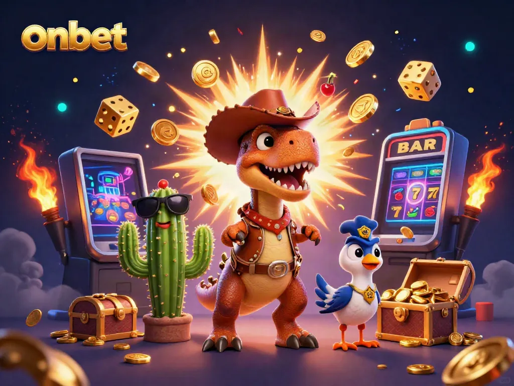 Experience the excitement of onbet gaming with a lively cowboy and dinosaur-themed casino scene.