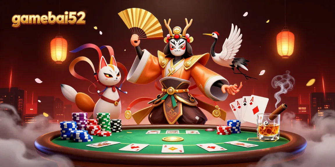Experience the thrill of gamebai52 with a vibrant casino scene featuring kabuki warriors and poker elements.
