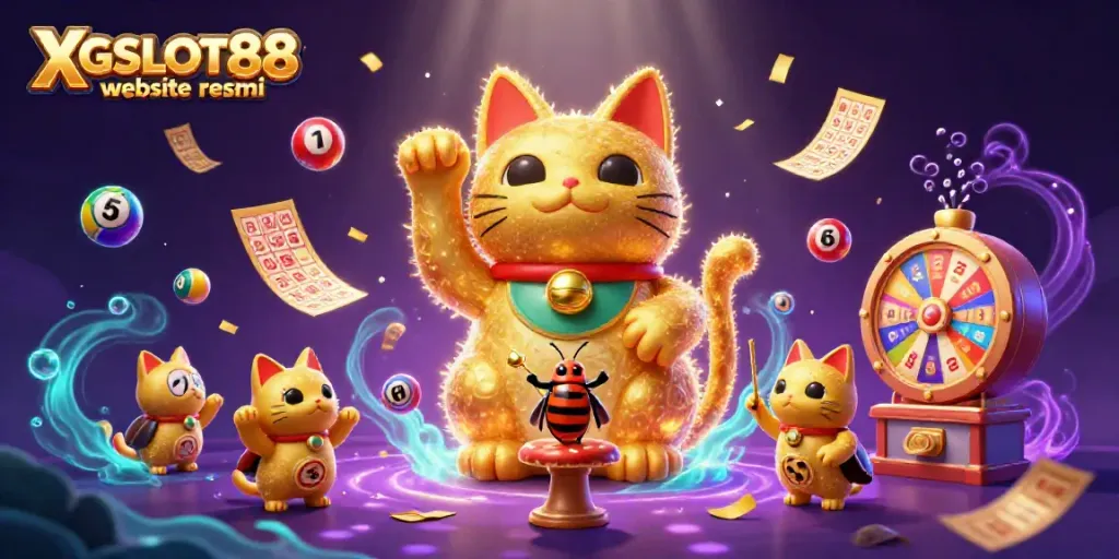 Permainan menyerukan XGSLOT88 website resmi dengan ilustrasi kucing keberuntungan, mengundang penonton dengan suasana penuh keberuntungan.