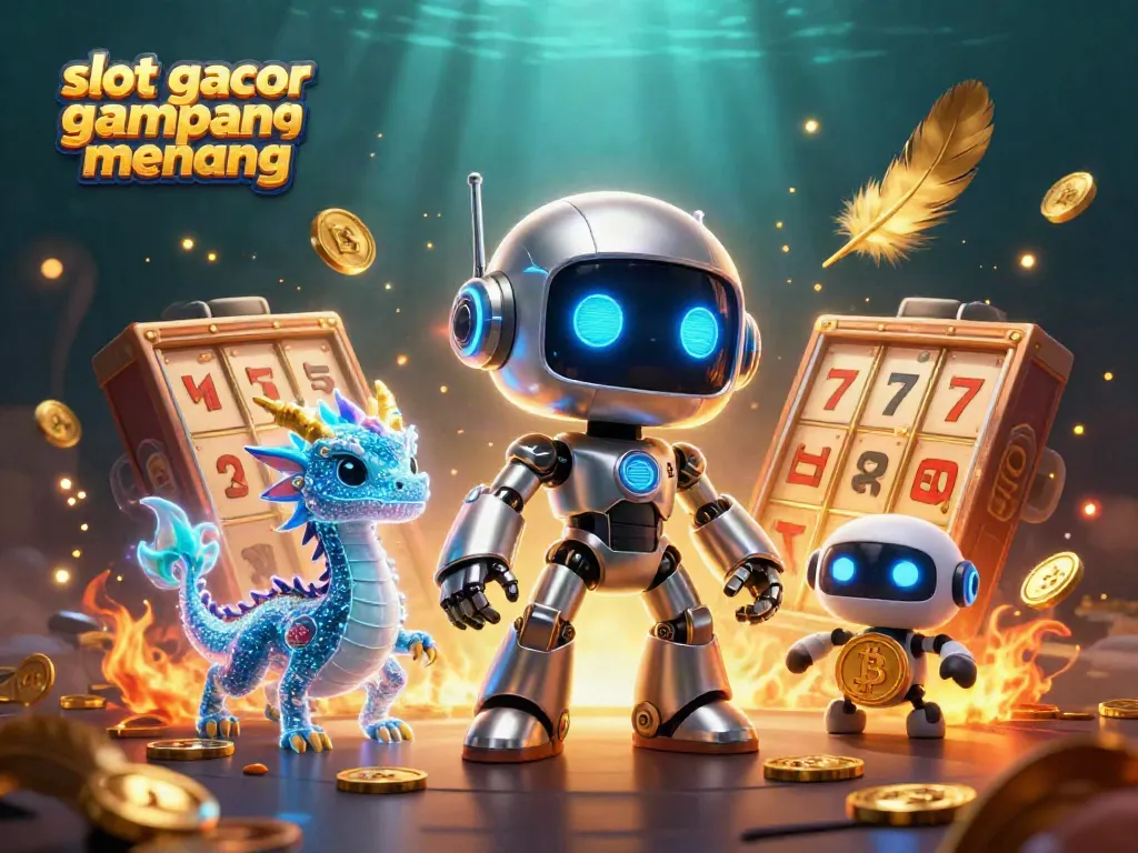 Experience the excitement of slot gacor gampang menang with a vibrant 3D casino scene featuring a cyberpunk robot and game elements.