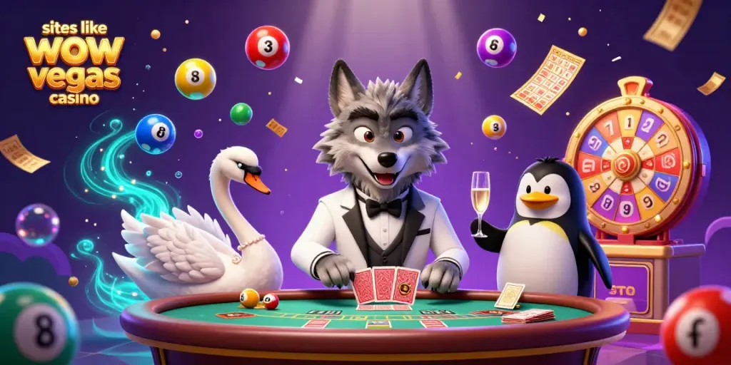 Engage with sites like wow vegas casino in an exciting 3D casino illustration featuring characters and dynamic gaming activities.