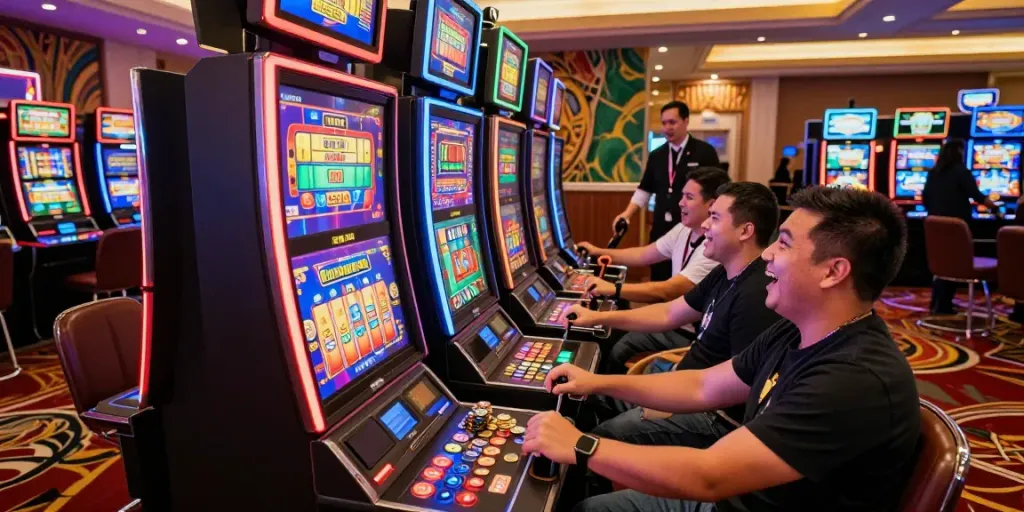 Excited players engaging with colorful slot gacor machines in a lively casino.