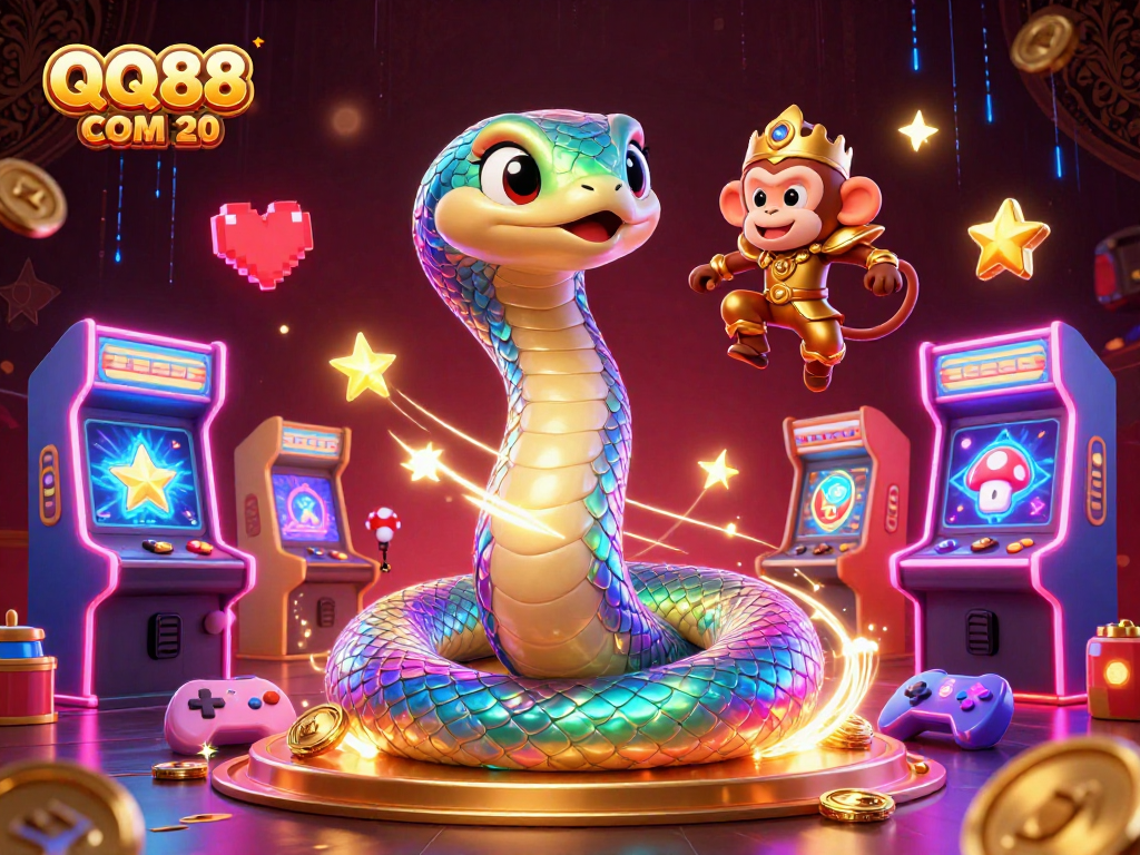 Engage with QQ88 COM 20's vibrant online gaming realm through the playful monkey king and radiant rainbow serpent.