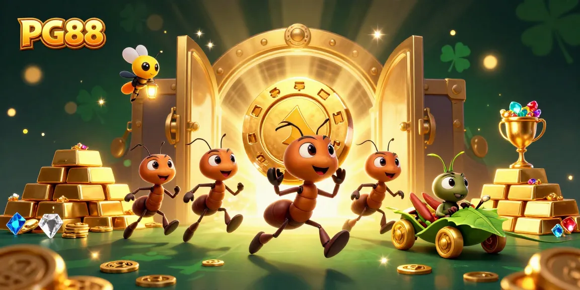 Ants and a grasshopper celebrate a PG88 casino heist with golden chips and treasure.
