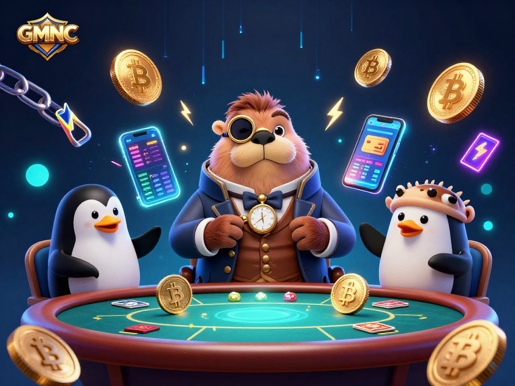 Engage with GMNC at an underwater poker game featuring a jovial walrus and poker elements.