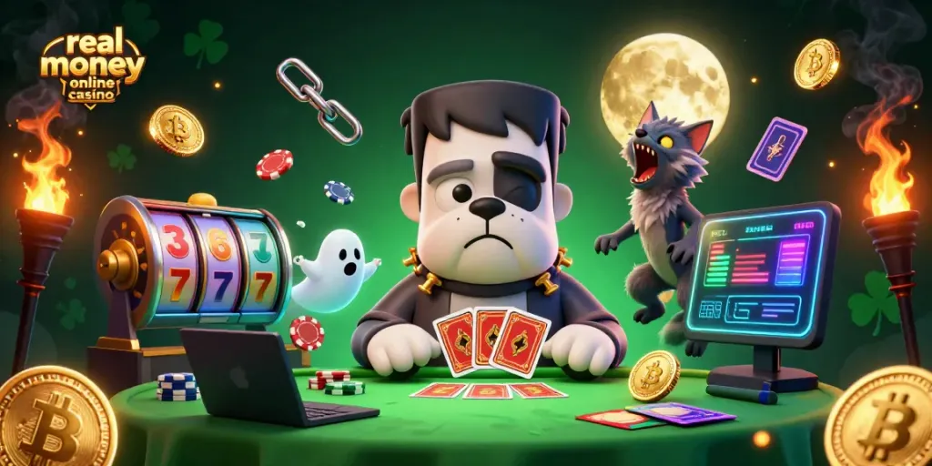 Engage in the excitement of real money online casino games with a lively 3D scene featuring a Frankenstein bulldog dealer.