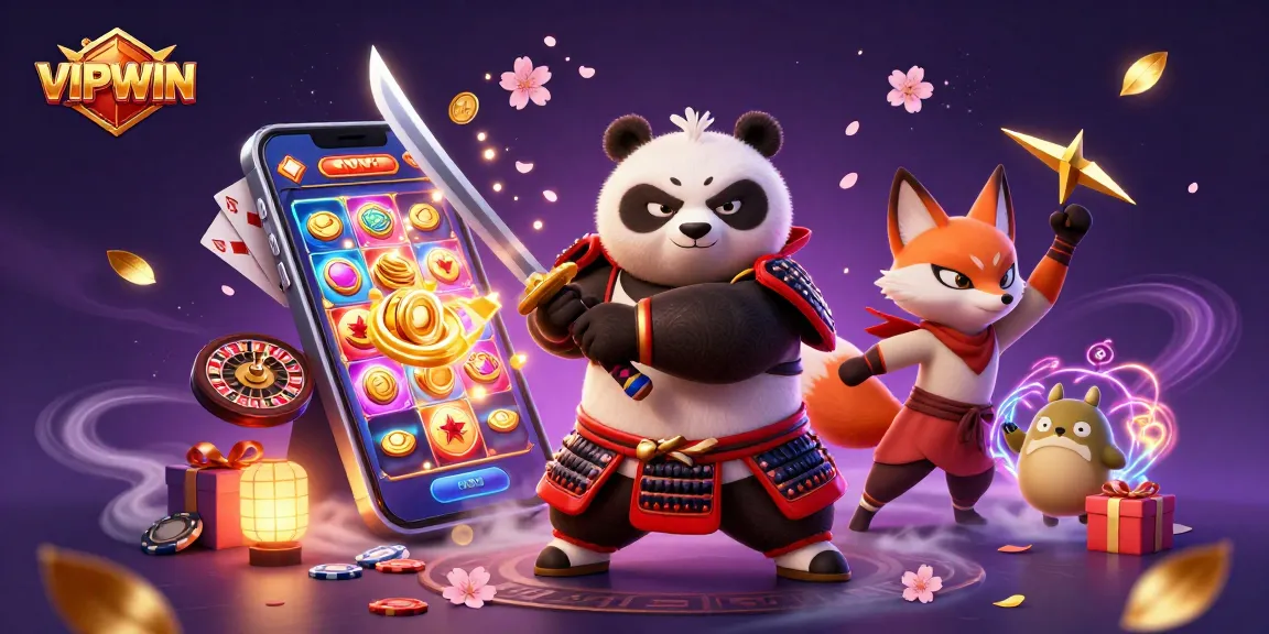 Experience the excitement at VIPWIN with this vibrant illustration showcasing a panda samurai, a ninja fox, and magical elements.