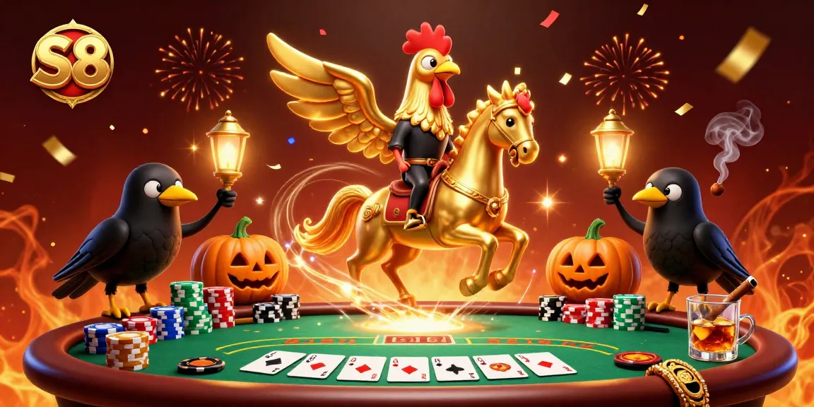 Experience thrilling wins at S8 as a golden rooster rides through a vibrant casino scene.