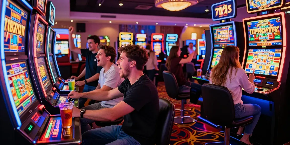 Exciting gaming atmosphere with a diverse group at a 777 slot machine, celebrating wins in a vibrant casino.