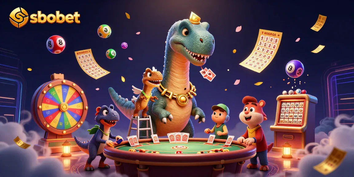 SBOBET offers thrilling sports betting with an energetic casino vibe illustrated by fun cartoon characters.
