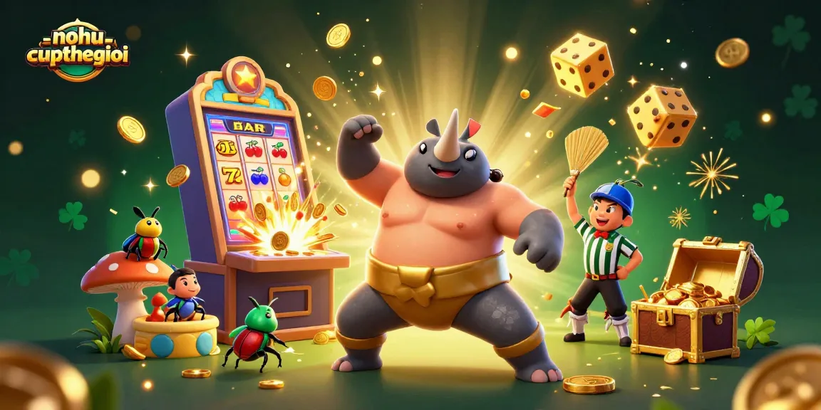 Nohu-cupthegioi showcases a dynamic 3D slot scene with a champion rhinoceros beetle, thrilling elements, and vibrant colors.