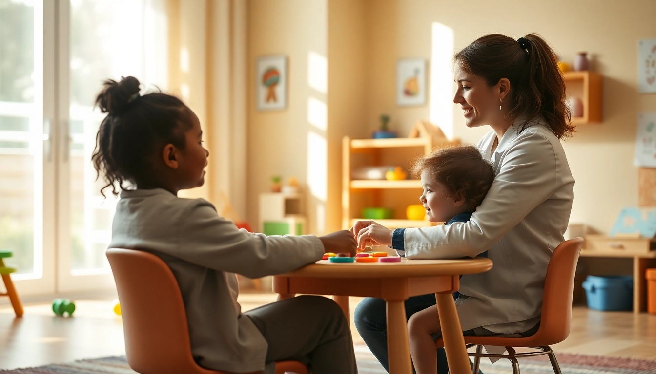 Engaging ABA therapy in Brighton session showing a therapist and child in a colorful, welcoming environment.