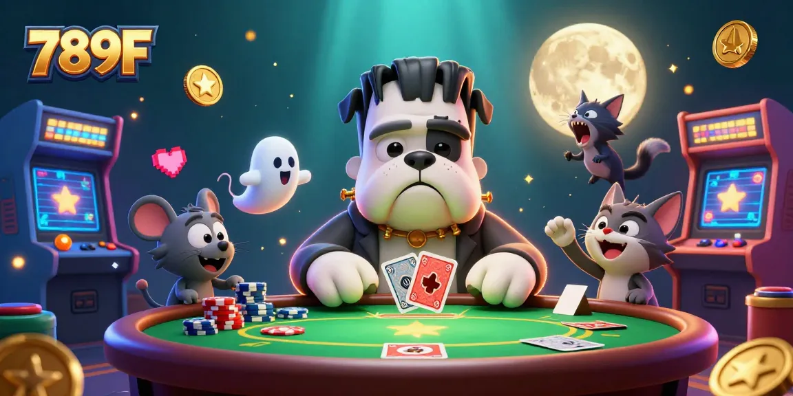 Engage with thrilling poker action at 789F featuring a cartoon bulldog dealer and playful characters in a casino.