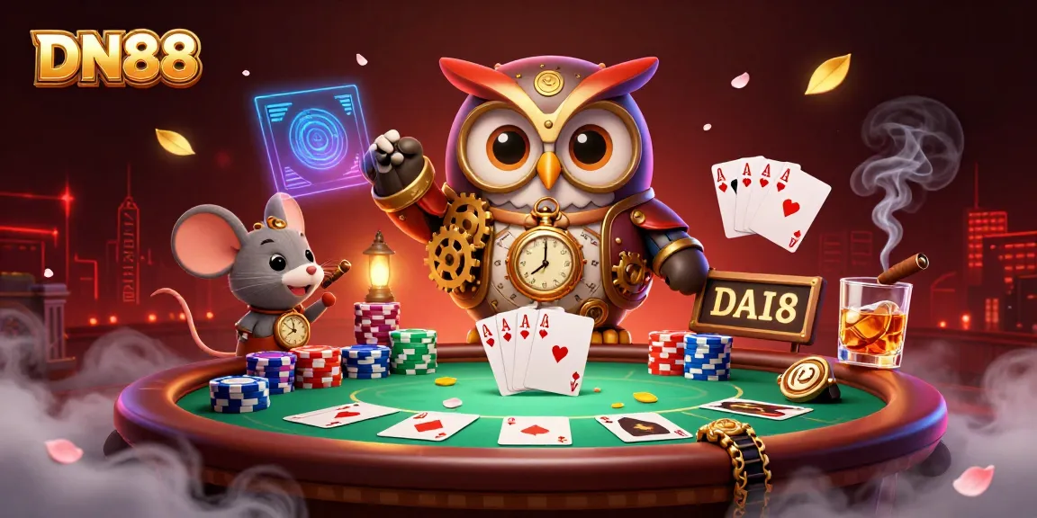 Experience the thrill of gaming at DN88, a vibrant scene with a time-traveler owl and poker elements.