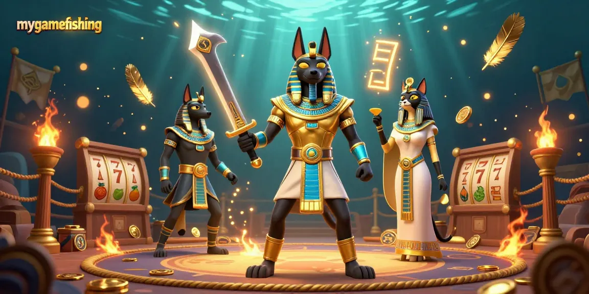 Engage in mygamefishing with dynamic slot reels and vibrant Egyptian warriors in a gambling arena.