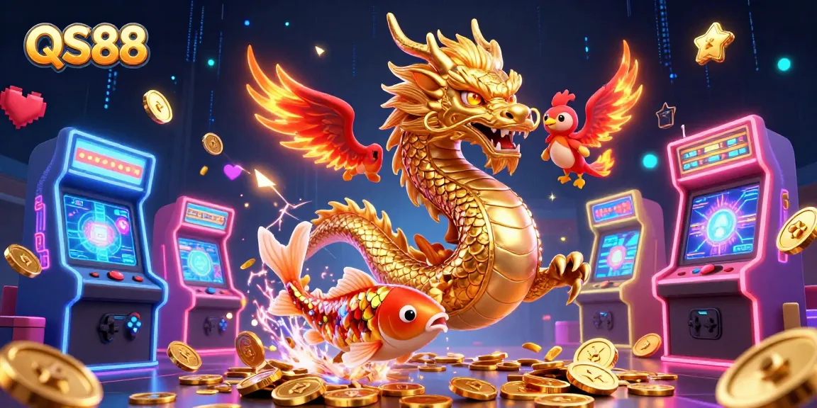 Experience thrilling gameplay with QS88's vibrant dragon and phoenix in a dynamic casino scene.