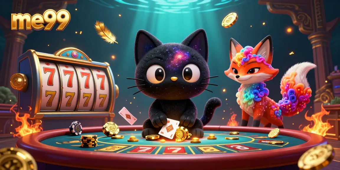 Engage with me99's cosmic casino featuring slot reels and a black hole cat manipulating golden tokens.