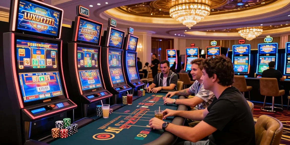Pengalaman bermain LUXURY777 di kasino mewah dengan mesin slot dan suasana meriah.