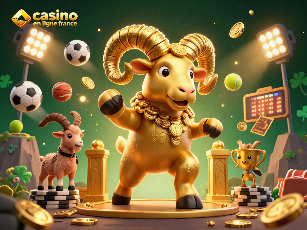 Visuel dynamique de casino en ligne France illustrant un bélier doré chargé vers un portail, symbolisant des gains.