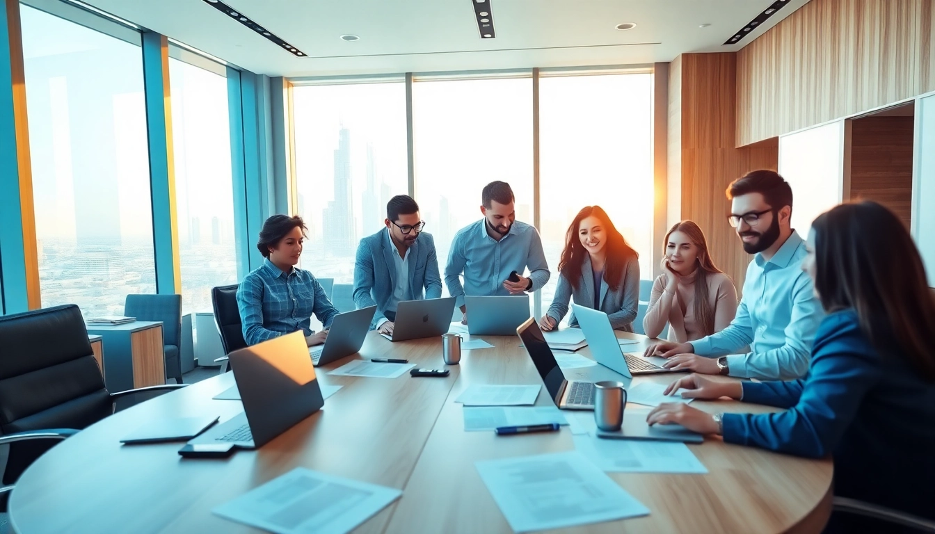 Team strategizing at a GEO agency Dubai with diverse professionals in a modern office.
