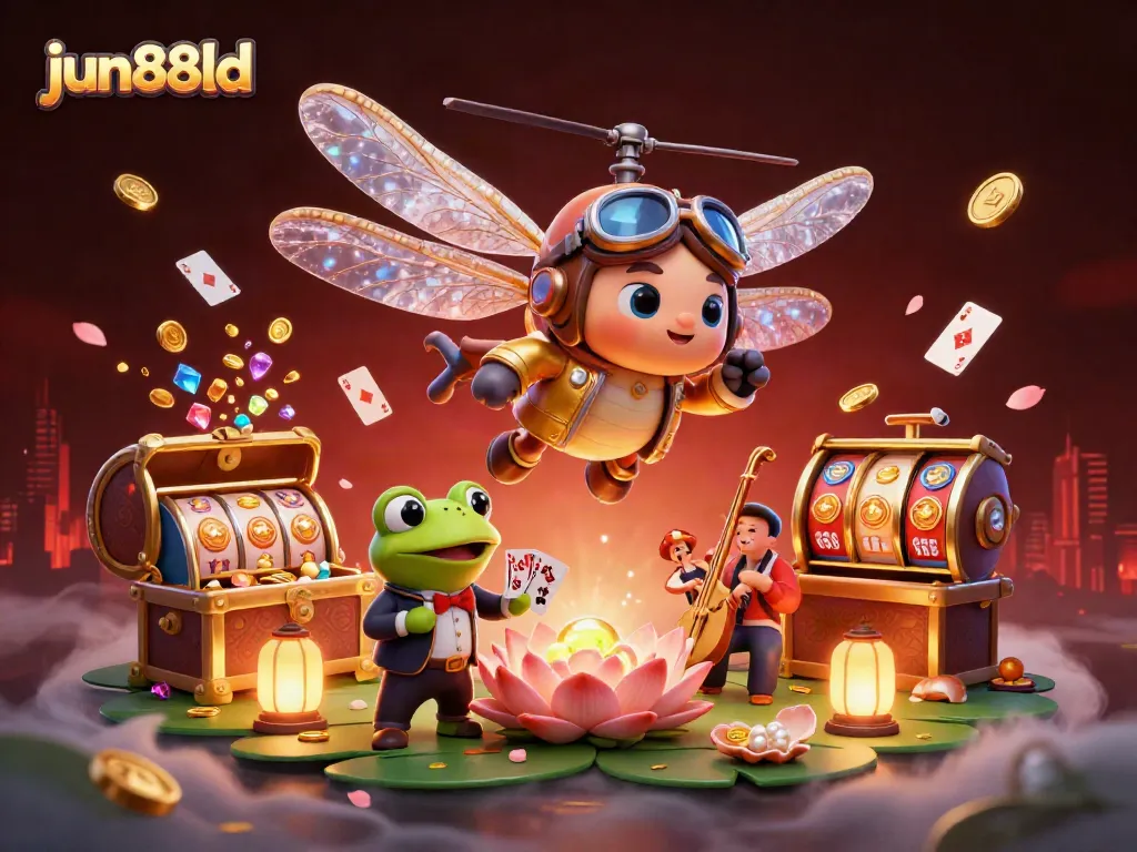 Experience dynamic gameplay at jun88ld with a cartoon dragonfly pilot and frog dealer in an exciting casino scene.