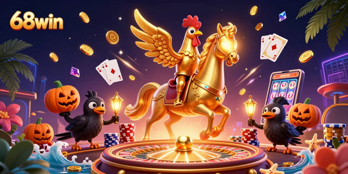 Experience the thrill of 68win with golden rooster and crow companions in an enchanting casino scene.