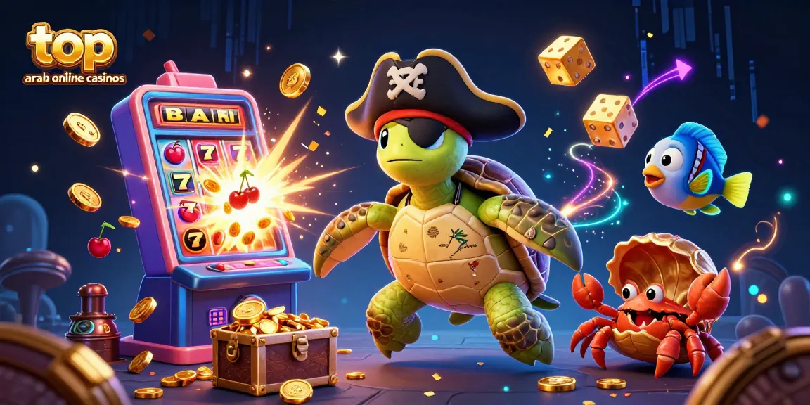 Engage with top arab online casinos featuring a vibrant 3D illustration of a pirate turtle and treasure elements.