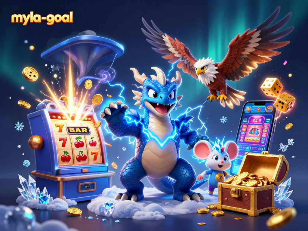 Experience the thrill of myla-goal with dynamic characters, slot machines, and vibrant gold coins!