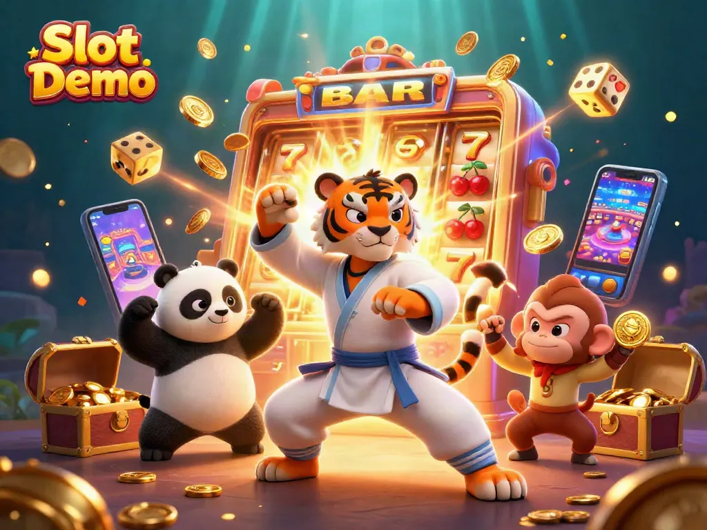 Engage in Slot Demo action with vibrant characters, exploding slot machines, and jackpot excitement.