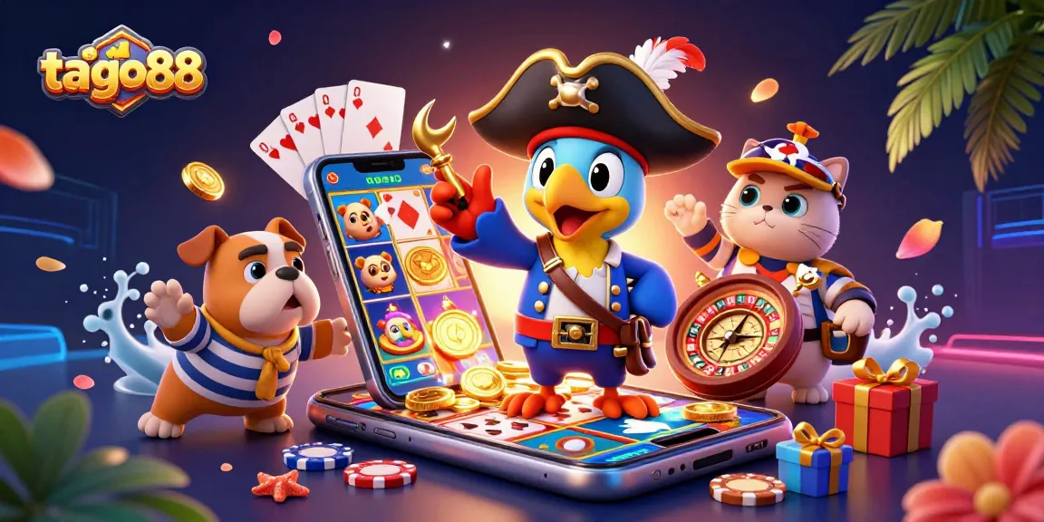 Experience tai go88 with a vibrant pirate-themed illustration showcasing slot games, golden coins, and engaging characters.