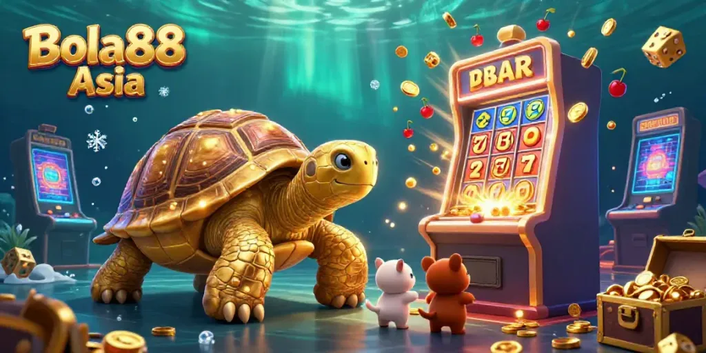 Bola88 Asia invites players to a vibrant casino adventure with a colossal tortoise pinball and a jackpot slot burst, creating excitement.
