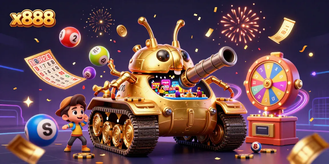 x888 celebrates with a dynamic scene featuring a golden beetle casino tank and vibrant gambling elements.