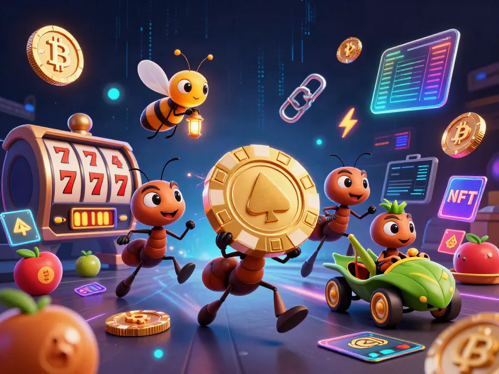 Permainan slot dengan karakter serangga mengusung chip emas dalam suasana kasino penuh simbol jackpot.